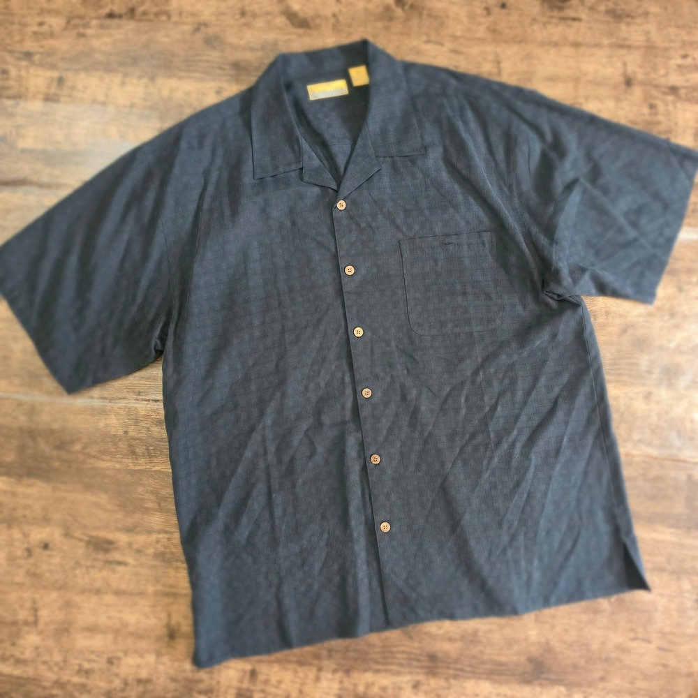 BOBBY CHAN Camp Shirt Mens XL Navy Blue Silk Cotton Short Sleeve Button Up
